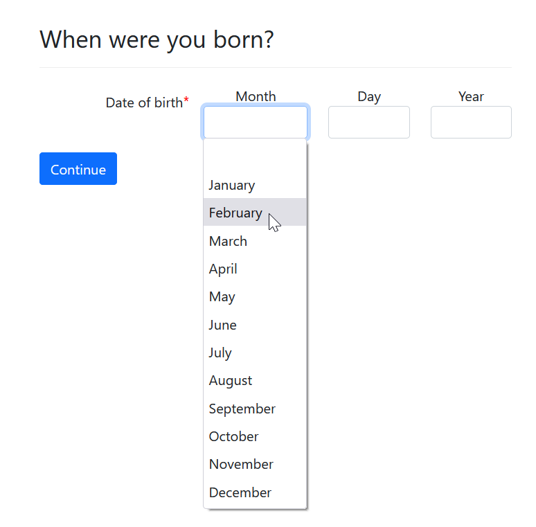 Preview of BirthDate selector with 3 separate inputs for month, day and year