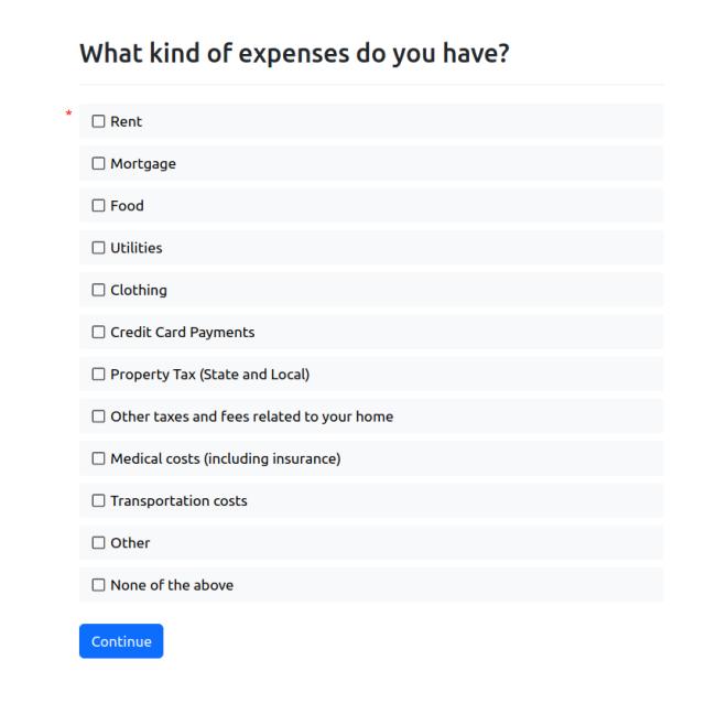A screenshot of a webpage. At the top, it asks &quot;What kind of expenses do you have?&quot; There is a checkbox next to each option, like &quot;rent&quot; and &quot;food&quot;. There is a continue button at the bottom