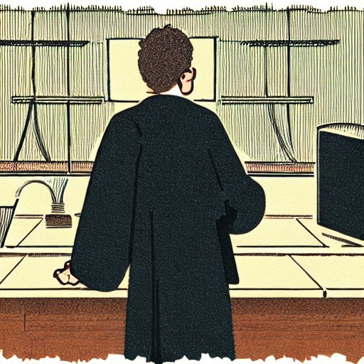 Illustration of Judge in front of stack of files and computer (created by Stable Diffusion AI)
