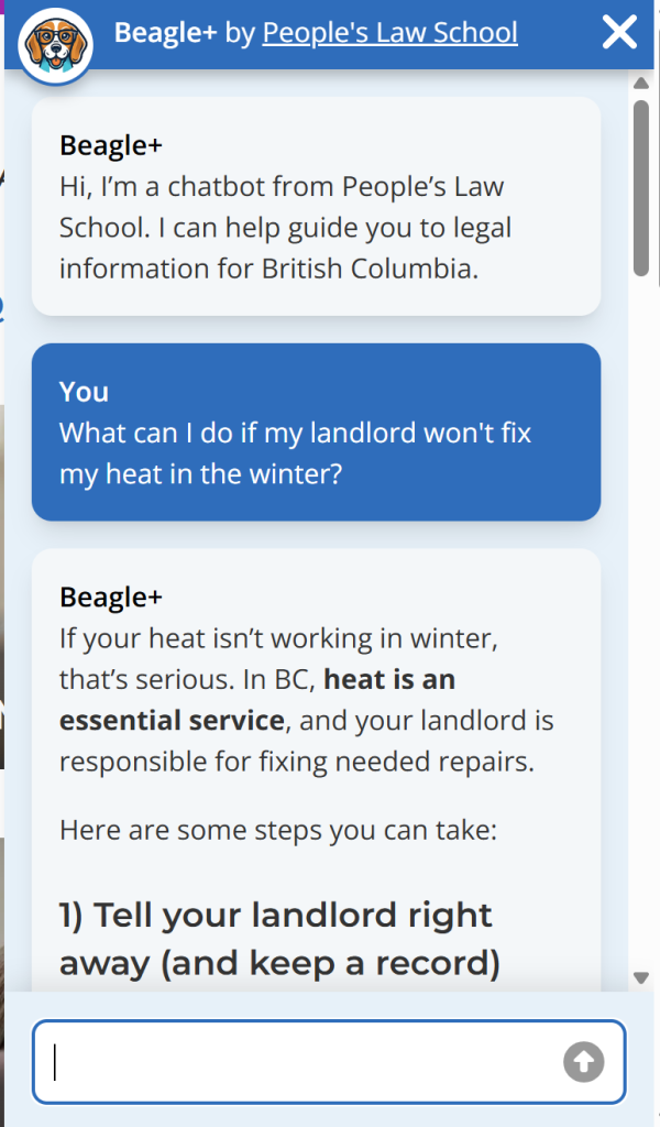 Screenshot of Beagle+ AI question and answer tool, showing a question about getting heat in the British Columbia winter